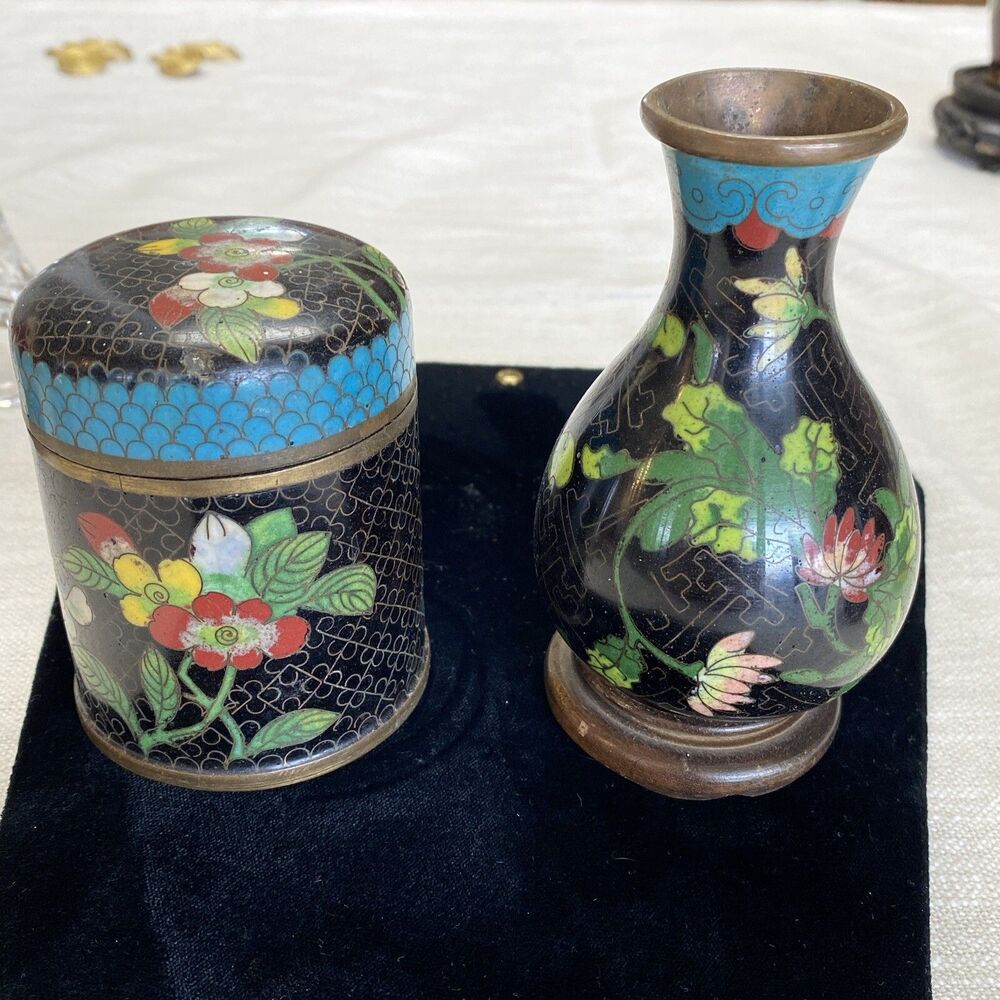 CLOISONNE Ginger JAR And Vase GREEN Floral Antique 1910 5 in Vase 3.25 in Jar